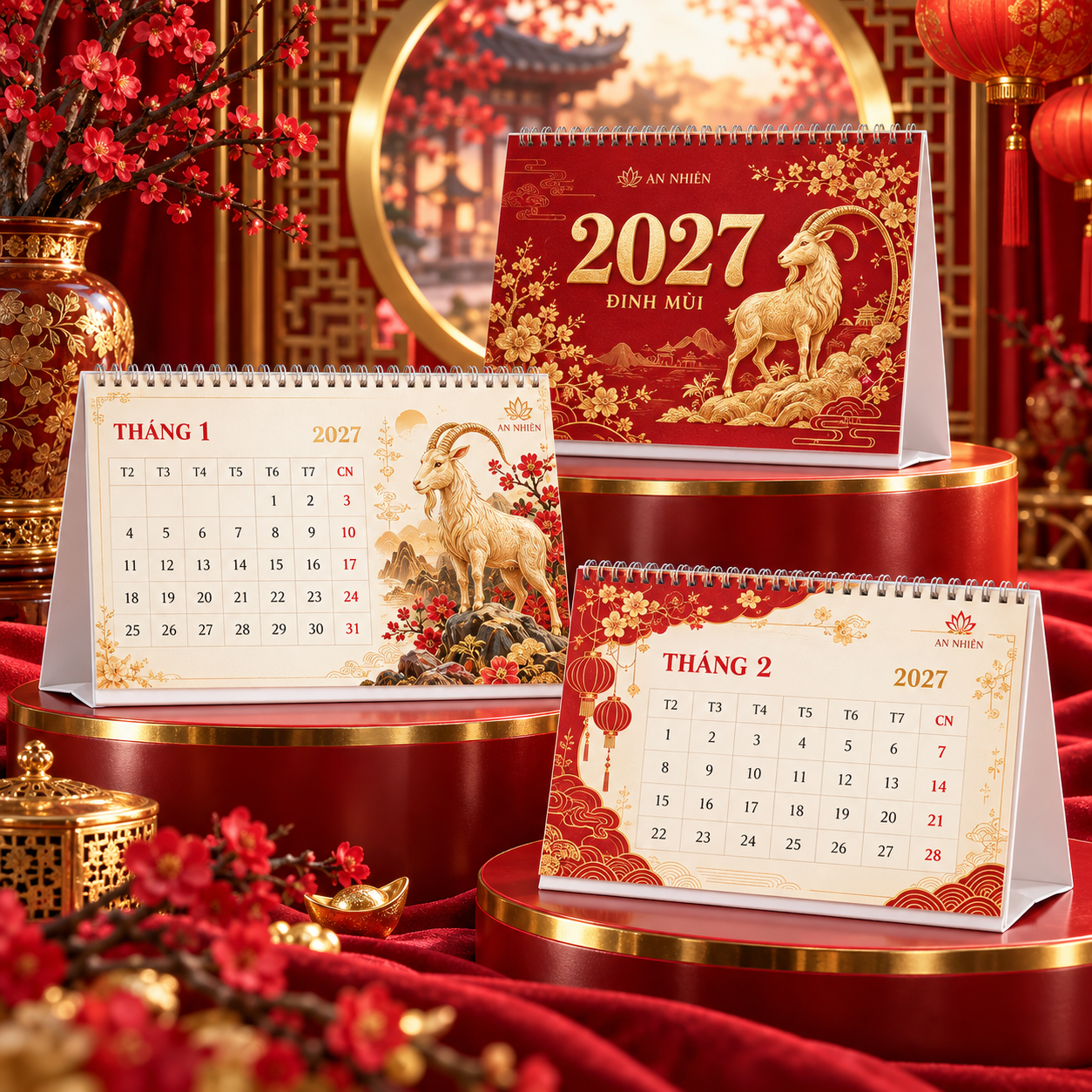 Bộ lịch Tết An Nhiên 2027 góc chụp nghiêng sang trọng